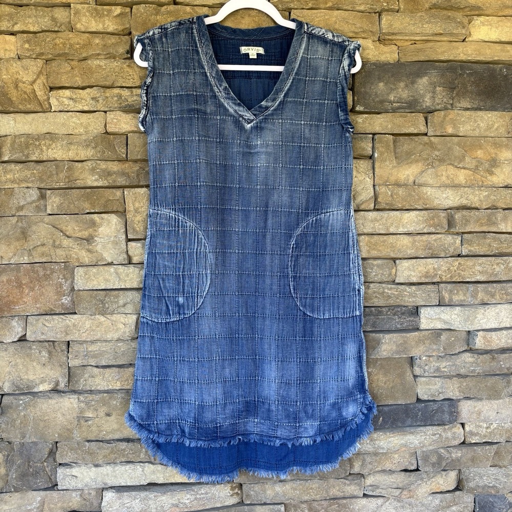Orvis Women's Denim Look Alike Tank Top Dress Pockets Cotton